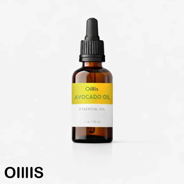 روغن آووکادو ۳۰ میلی لیتری اویلیس با لیبل زرد و نارنجی و با نوشته انگلیسی سبز و همچنین شیشه دراپر دار یا همان قطره چکان دار با پس زمینه سفید