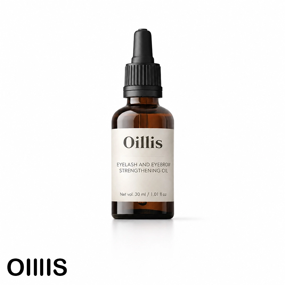 روغن میکس تقویتی مژه و ابرو برند اویلیس در حجم ۳۰ میلی لیتر با شیشه قطره چکانی و دارویی قهوه ای، لیبل ضد آب و پس زمینه سفید
