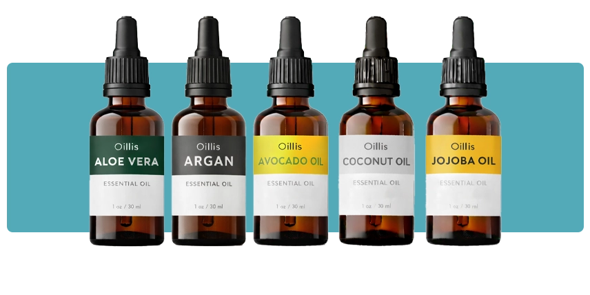 مجموعه روغن های پوست و مو اویلیس که در شیشه های دراپر دار یا قطره چکانی ریخته شده است مثل روغن آرگان روغن جوجوبا روغن اواکادو و نارگیل دیده میشود با پس زمینه آبی روشن