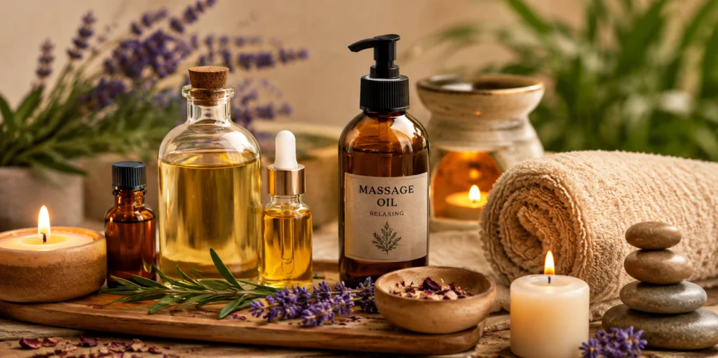 روغن ماساژ روغن گیاهی کوچک اویلیس و حوله حمام و شمع که همگی در کنار هم قرار گرفته اند و برای یک آروماتراپی رریلکسی آماده شده اند