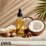 روغن نارگیل ۳۰ میل اویلیس که در کنار آن یک نارگیل تازه و مقداری پوره نارگیل دیده می شود