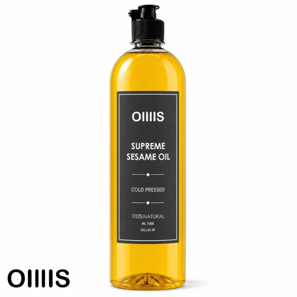 روغن کنجد اویلیس حجم ۱ لیتری در بسته بندی پت پلاستیکی با درب مشکی و پس زمینه سفید
