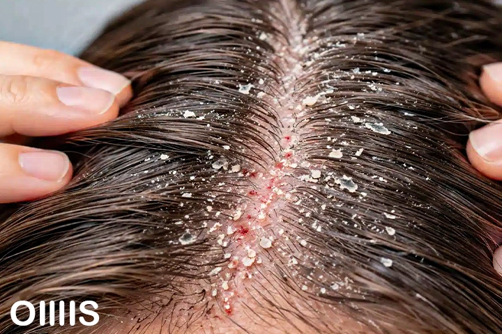 عوارض شوره سر یک خانم که پوست سر ملتهبی دارد و سرش پر از شوره و پوسته ریزی شده است از نمای نزدیک